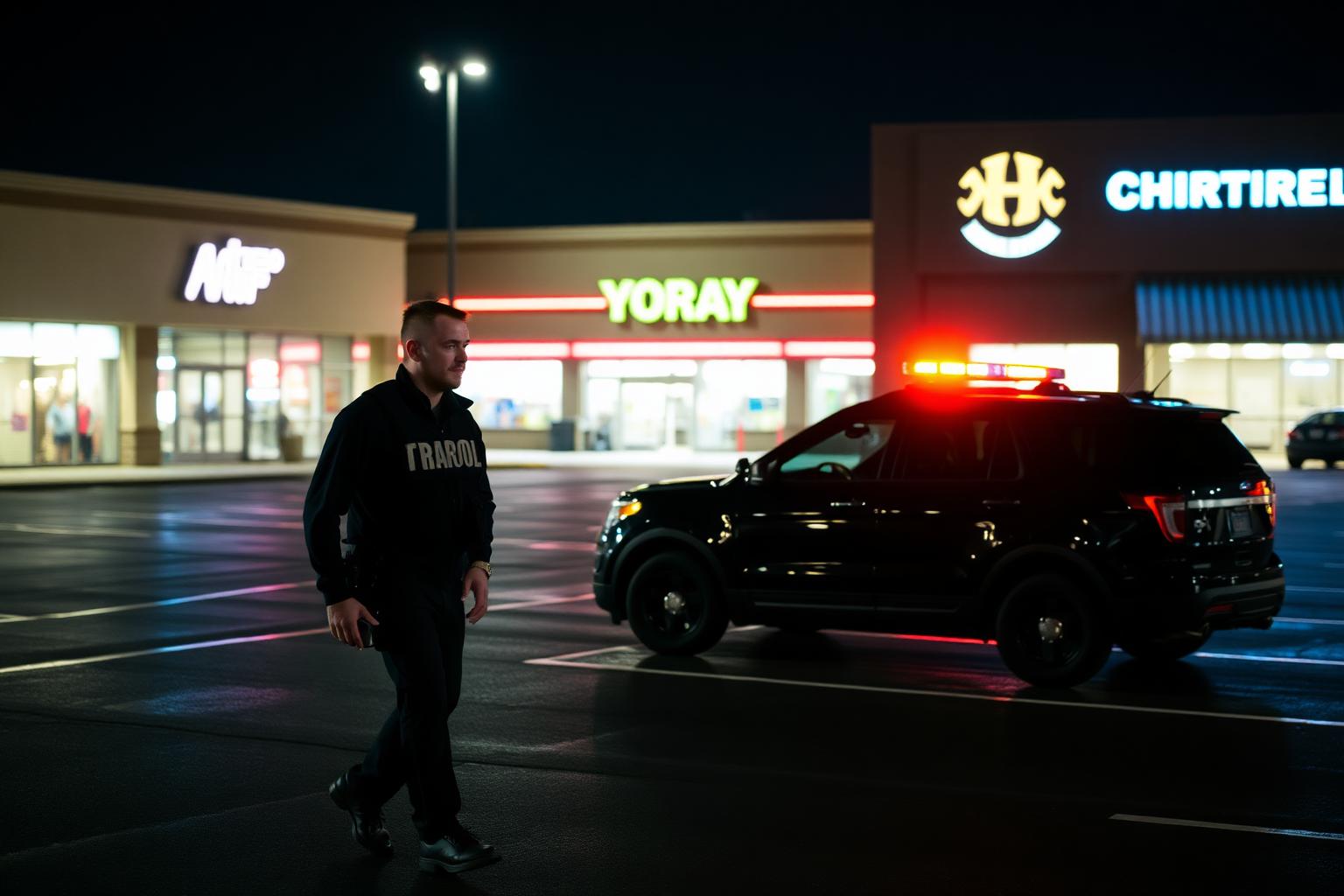 Stormhammer security officer on foot patrol in a downtown Sacramento retail strip mall parking lot at night with neon storefronts and marked Ford Explorer patrol SUV nearby