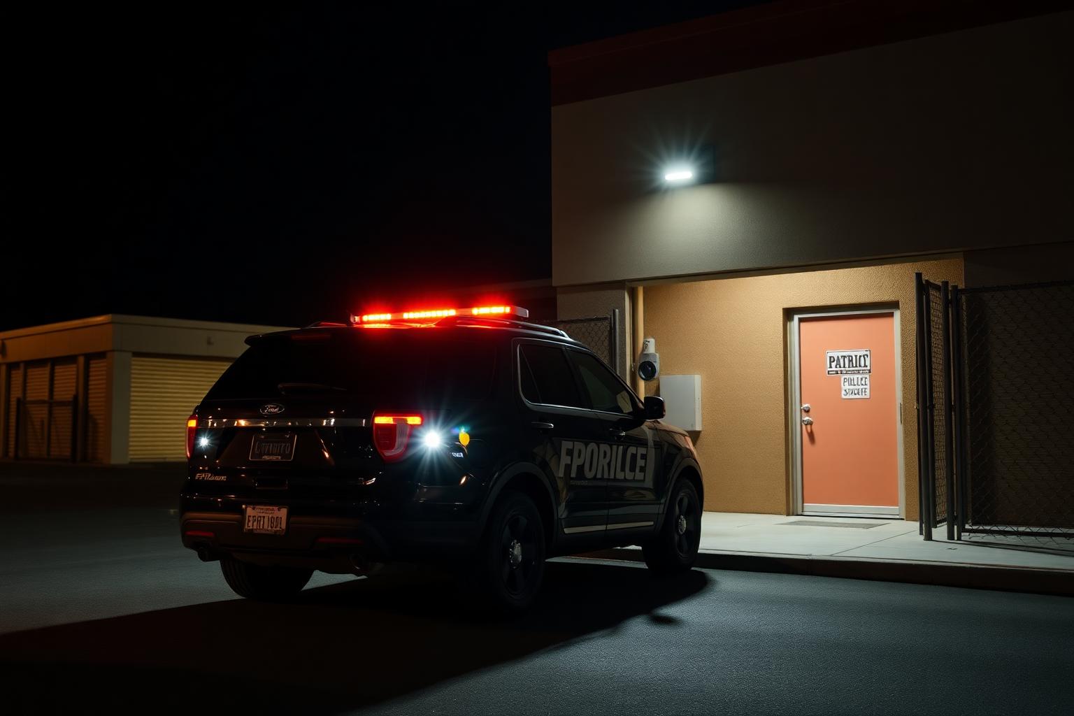 Marked black Ford Explorer patrol SUV with amber light bar at the entrance of a Sacramento self-storage facility at night, roll-up doors and floodlight visible