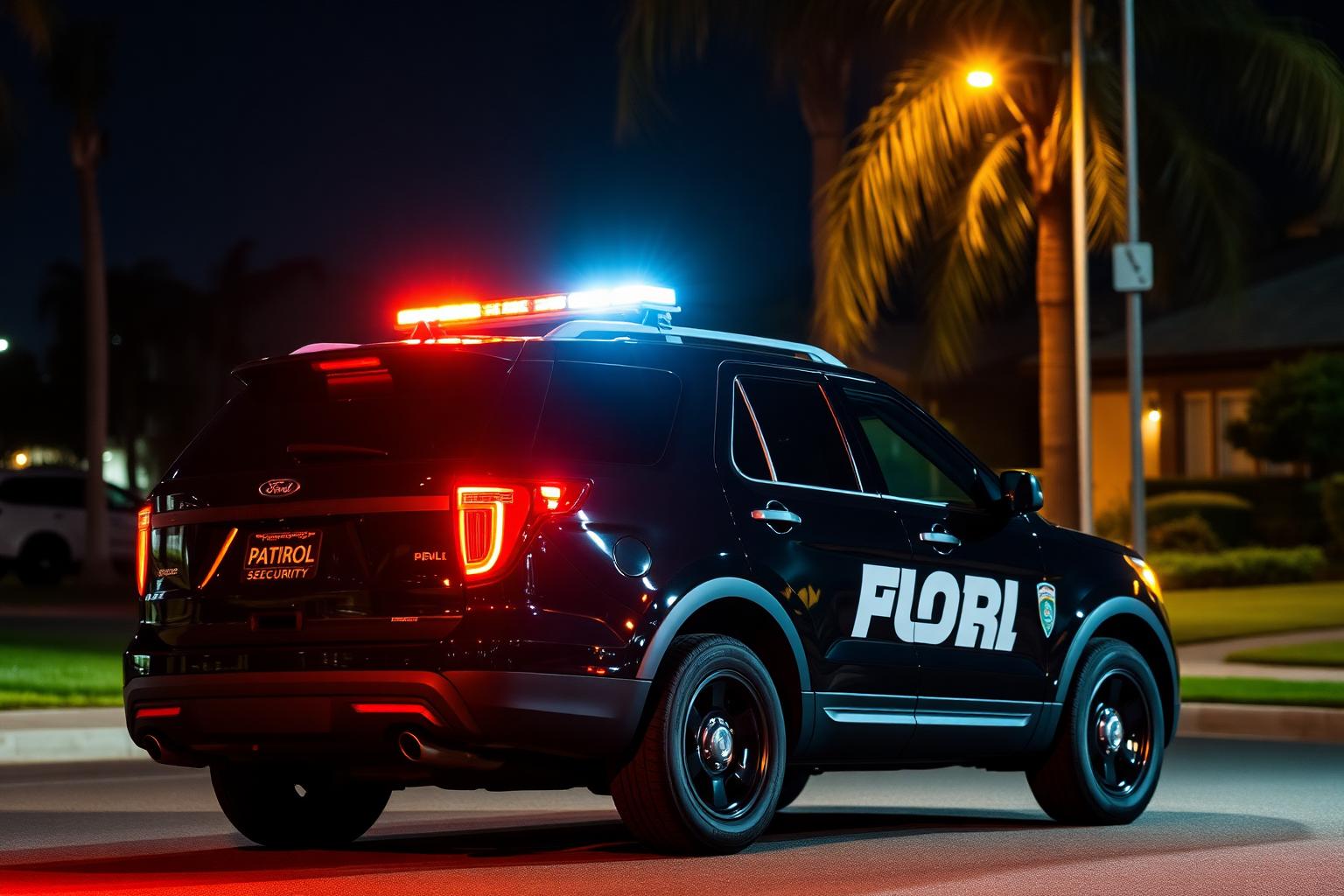 Black Ford Explorer private security patrol car with amber LED light bar parked on a quiet Sacramento suburban street at night with palm trees and porch lights