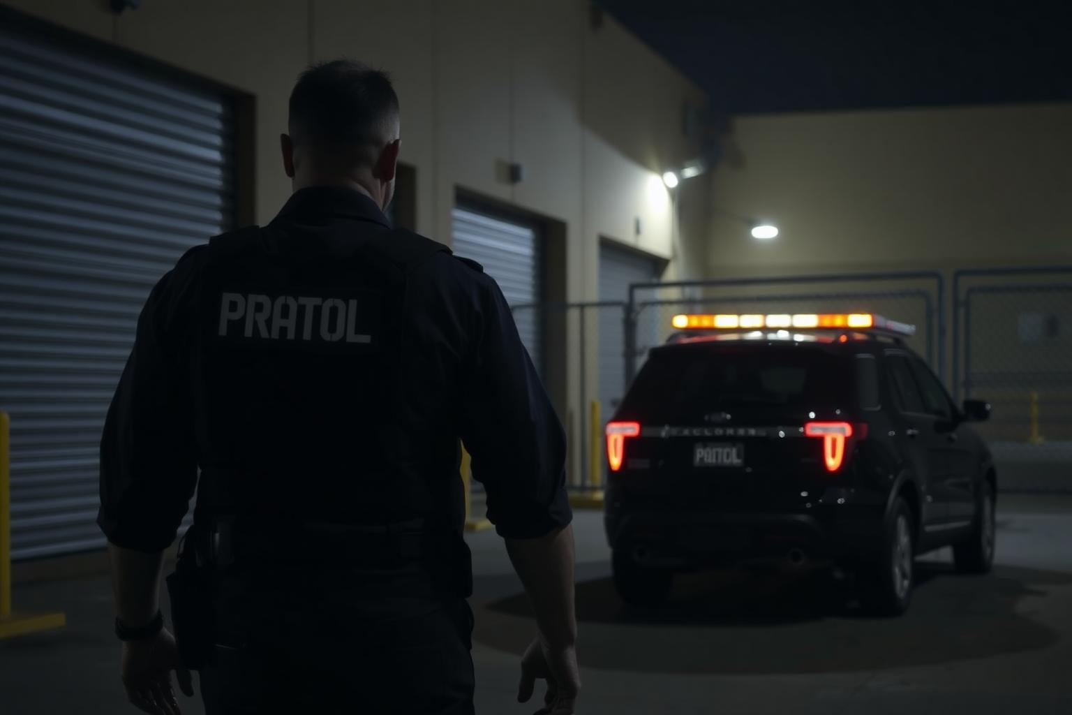 Stormhammer security officer in dark navy uniform and PATROL plate-carrier vest walking with flashlight through a Sacramento warehouse loading dock area at night, marked black Ford Explorer parked behind