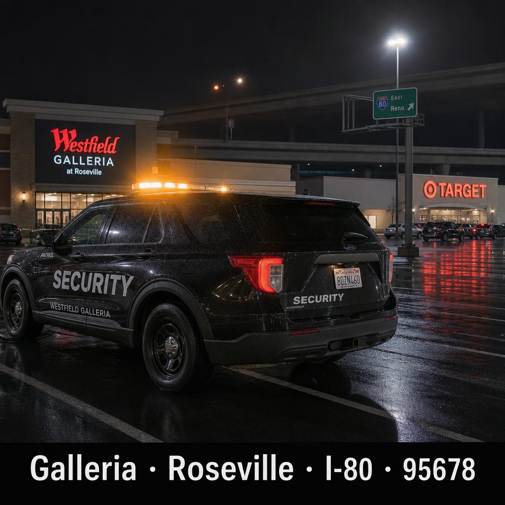Stormhammer patrol SUV in the Westfield Galleria Roseville parking lot with I-80 overpass and big-box retail in view