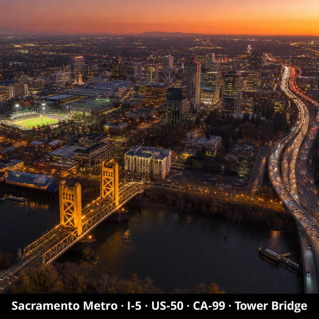 Aerial twilight photo of Sacramento metro showing Tower Bridge, downtown skyline, Sutter Health Park and I-5 / US-50 freeway traffic