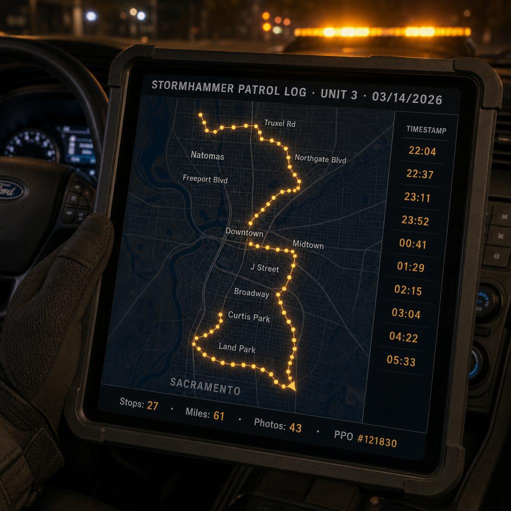 Sample Sacramento patrol GPS breadcrumb log on a rugged tablet inside a marked Ford Explorer — route from Downtown through Midtown, Land Park, Curtis Park, and Natomas with timestamps.