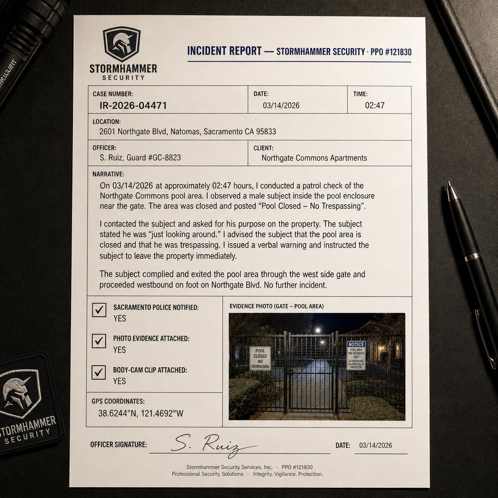 Sample Sacramento security incident report IR-2026-04471 — Natomas apartment trespass at 2601 Northgate Blvd, Natomas, Sacramento CA 95833, 03/14/2026 02:47.