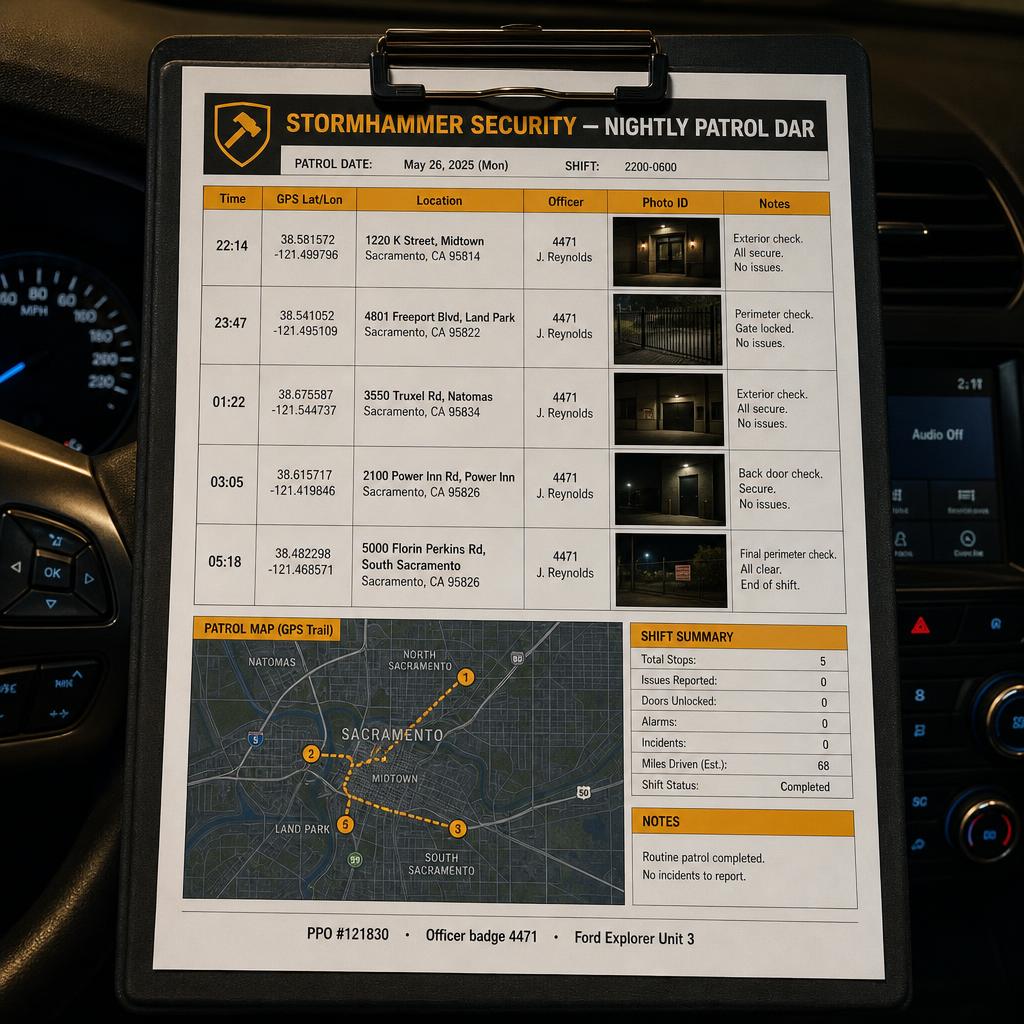 Sample Stormhammer Security nightly patrol DAR — five Sacramento stops with GPS coordinates, photo IDs, and shift summary map on a clipboard in a marked patrol vehicle.