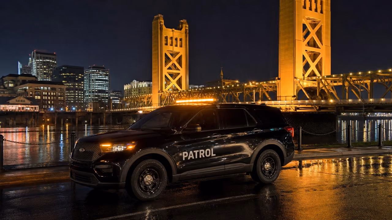 Security patrol Sacramento — black Ford Explorer with amber light bar at the Tower Bridge, Capitol Mall, 95814