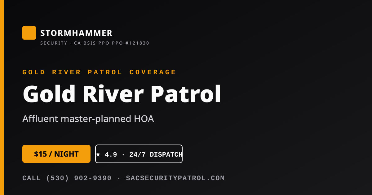 Stormhammer Security, Inc. marked patrol SUV on nightly security patrol tour in Gold River