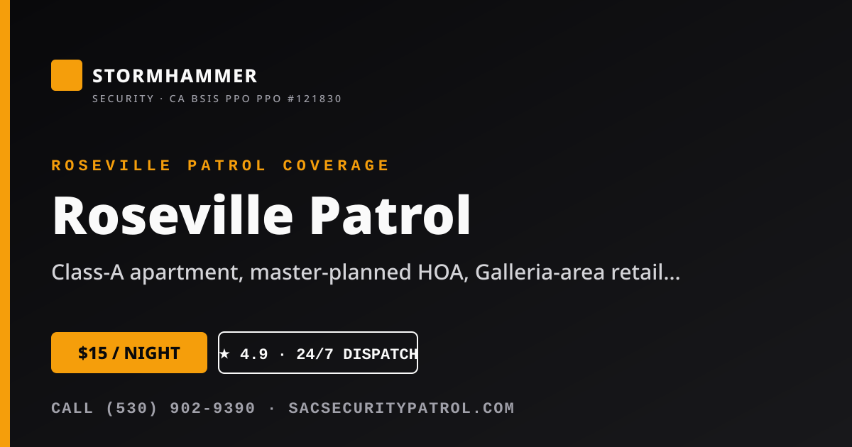 Stormhammer Security, Inc. marked patrol SUV on nightly security guard tour in Roseville
